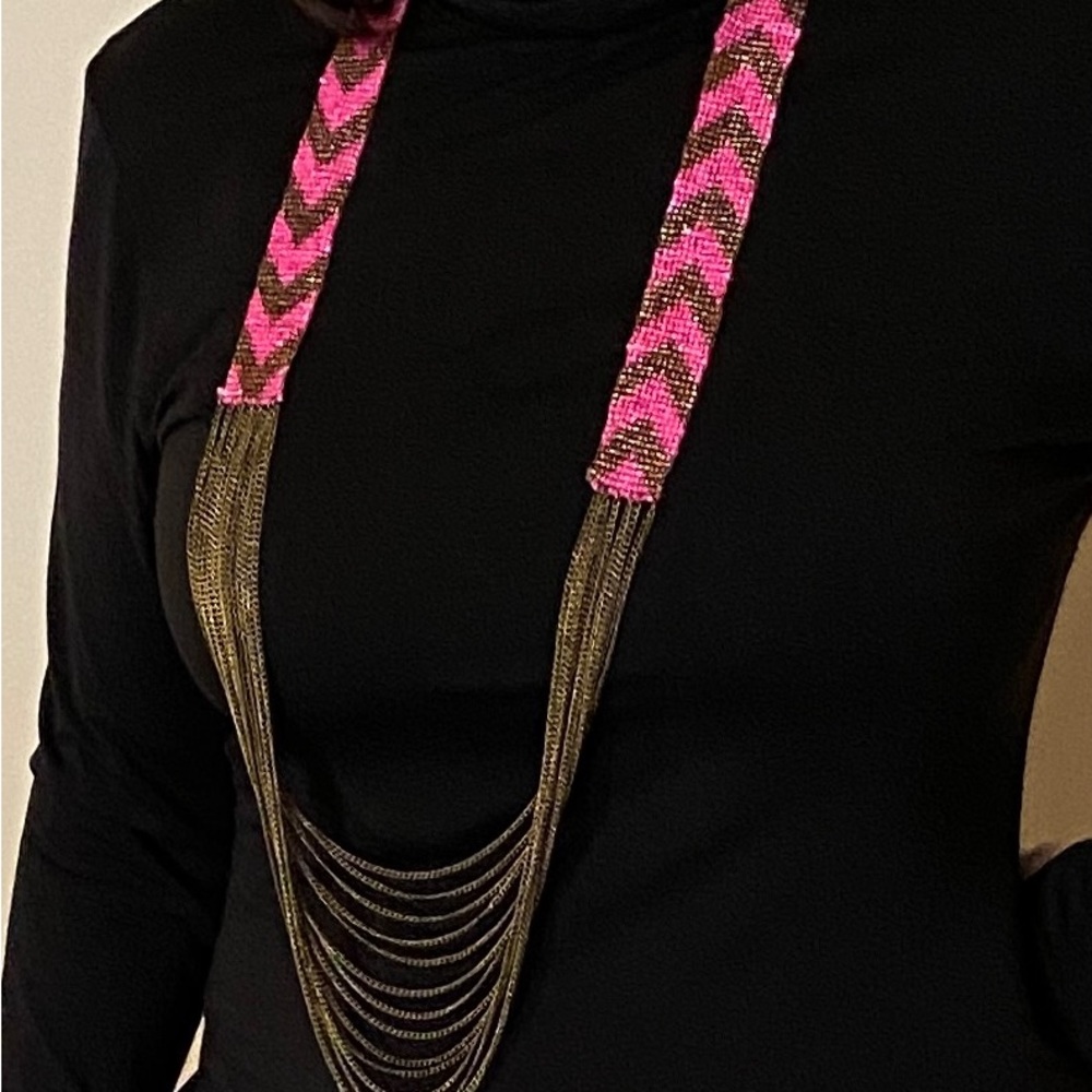 UNIQUE PINK / GOLD BEAD & CHAIN NECKLACE